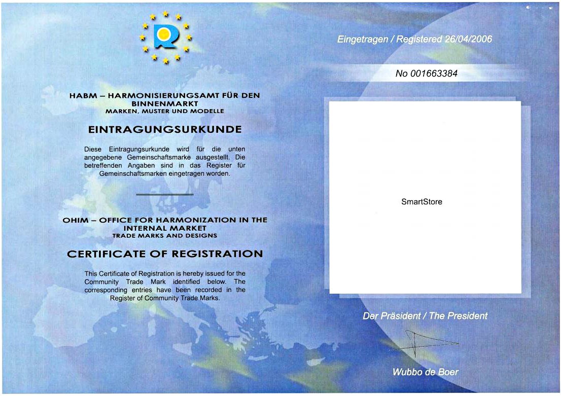 Smartstore registration certificate Office of Harmonization Alicante