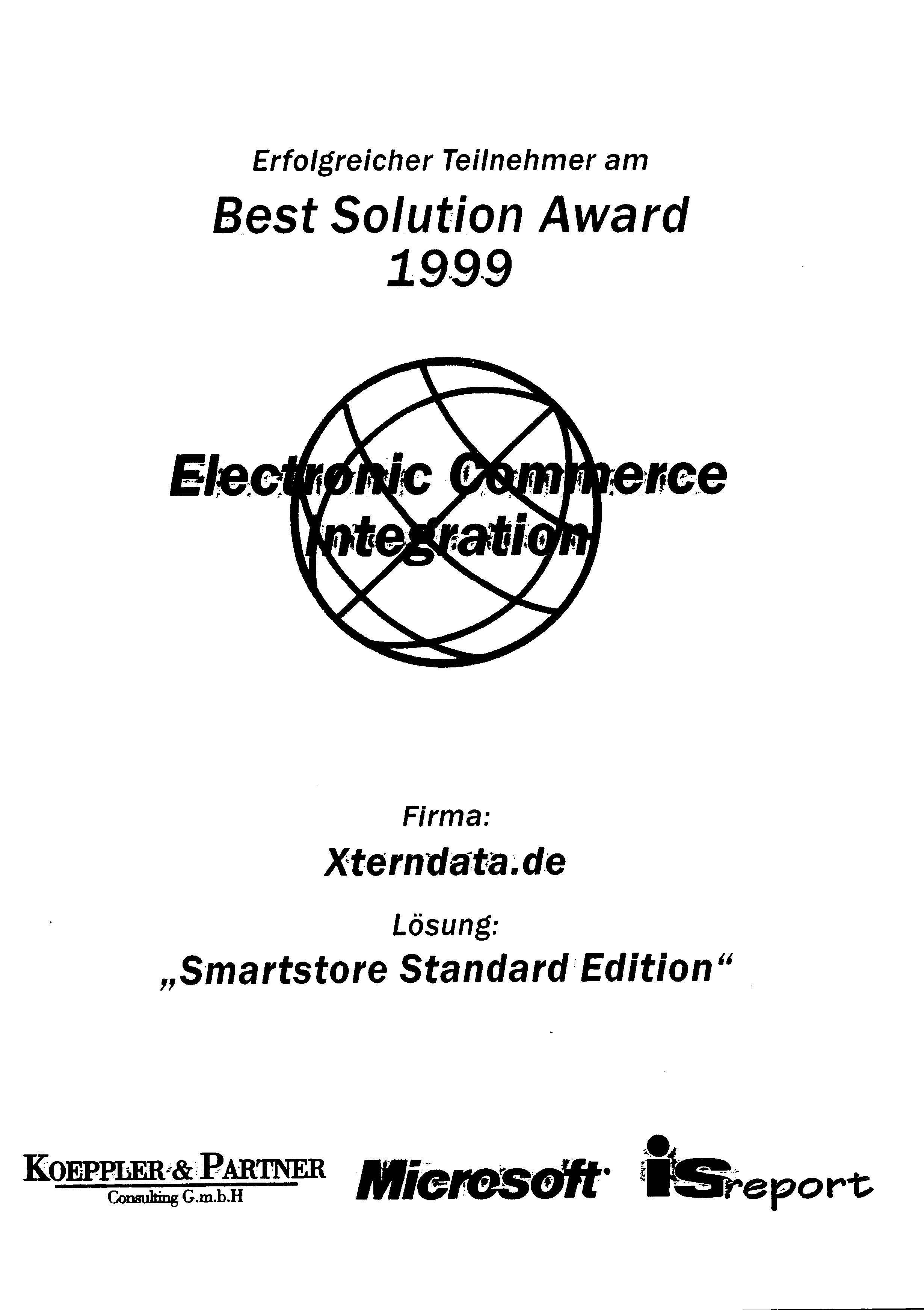Best Solutions Award 1999 for eCommerce Integration presented by Microsoft
