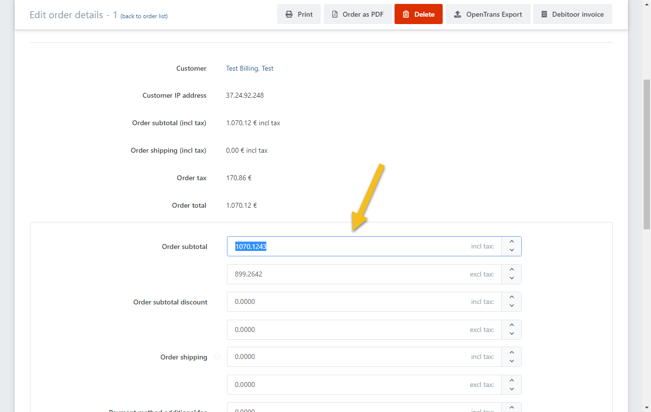 Manuelles Anpassen der Auftragssummen
