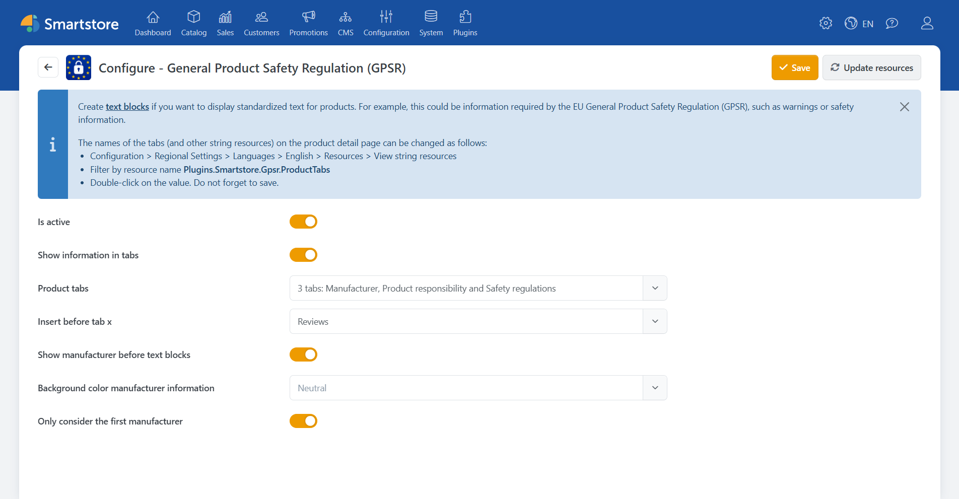 Plugin configuration in the Smartstore backend
