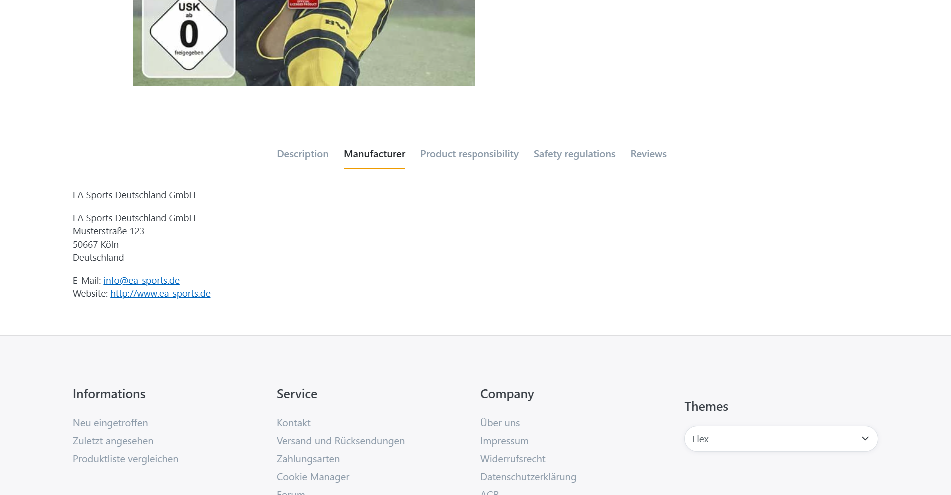Example view of manufacturer information in the product