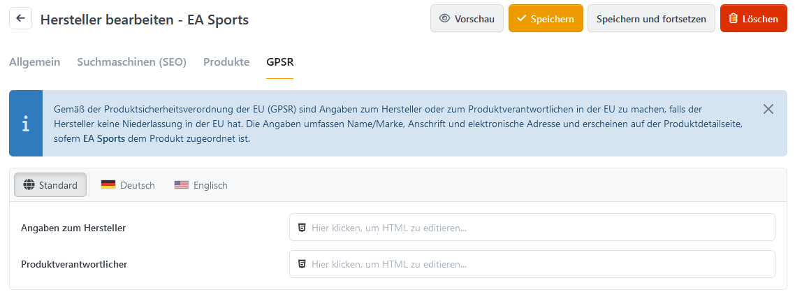 Herstellerdaten im GPSR-Tab bearbeiten