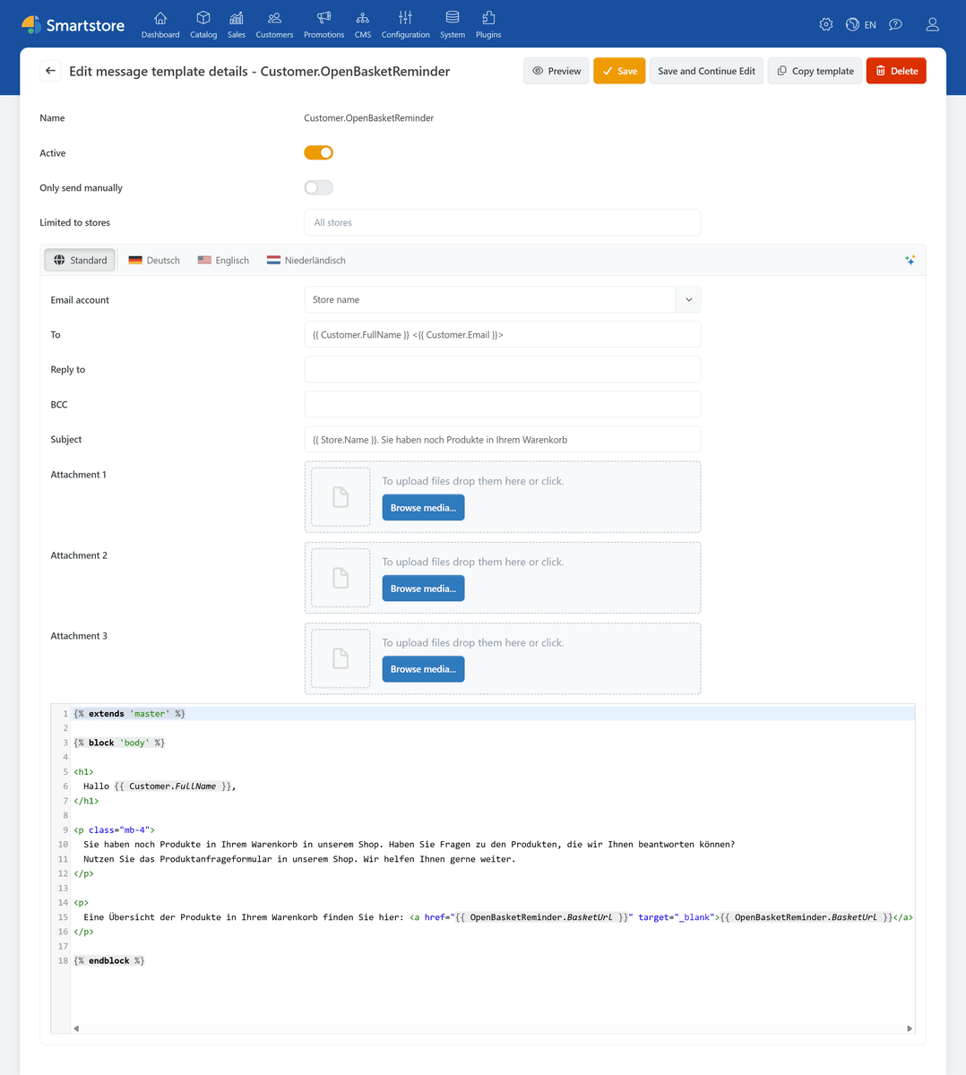 Nachrichtenvorlage des Email Reminder Plugins